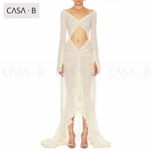 NEW💫to CASA B|“Glamour de Cannes” Mesh Cut-Out Frill Sheer Long Sleeve Lux Gown